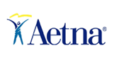 Aetna logo featuring blue figure with arms raised and yellow accent on white background.