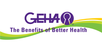 GEHA logo with tagline "The Benefits of Better Health" and green wellness wave design