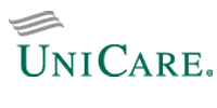 UniCare logo with teal text and gray striped icon above it.