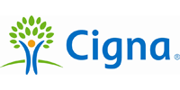 Cigna logo with green and blue stylized figure symbol representing health and wellness.