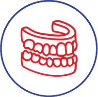 Red line drawing of dentures or false teeth within a blue circle outline.