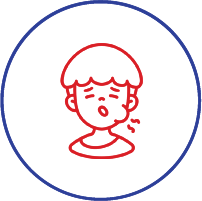 Red line icon of a child's face showing distress or pain, centered in blue circle.