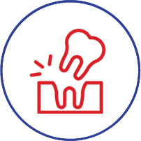 Red tooth icon with motion lines emerging from open box, representing dental extraction or tooth removal service.
