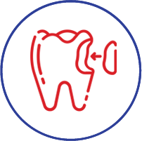 Red tooth icon with dumbbells representing dental health and fitness within blue circle.