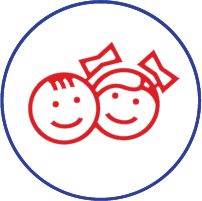 Two smiling cartoon children faces with a bow, representing pediatric dental care.