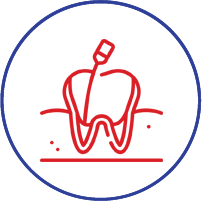Red tooth icon with dental mirror tool, representing dental examination and care services.