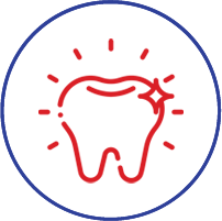 Red tooth icon with radiating lines symbolizing brightness, enclosed in blue circle border.