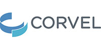 Corvel logo featuring blue curved segments and gray text on white background.