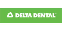 Delta Dental logo on green background with white text and triangular symbol