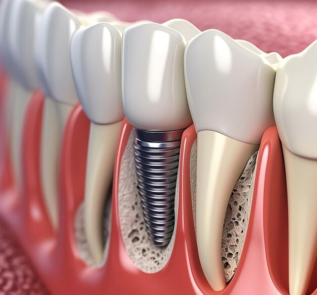 Dental implant cross-section showing titanium screw fixture in jawbone with crown restoration.