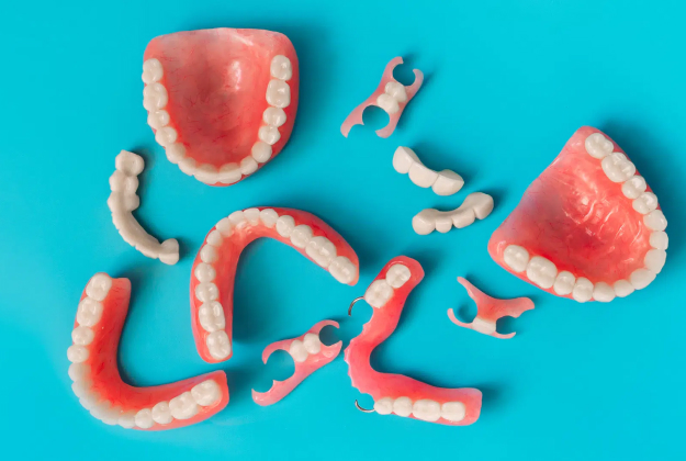 Dental prosthetics and denture components arranged on turquoise background for dentistry display.