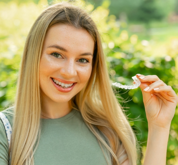 Young woman smiling outdoors, holding dental floss, promoting oral hygiene and dental care.