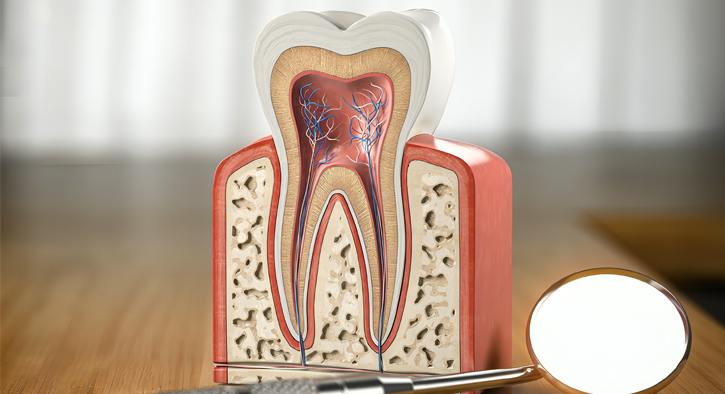 Anatomical dental model showing cross-section of tooth structure with nerves and pulp chamber.