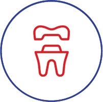 Red dental crown icon above tooth outline on white background within blue circle.