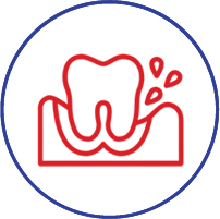 Red line icon of a tooth in gums with water droplets on blue circular background.