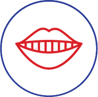 Red smile icon with teeth showing inside blue circle outline