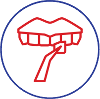 Red tooth icon with toothbrush against blue circle background for dental care.