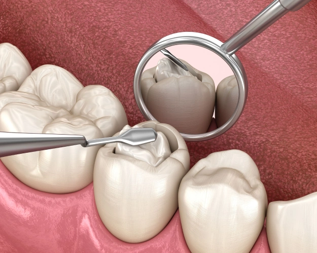 Dental mirror and instruments examining tooth model during dental examination or demonstration procedure.